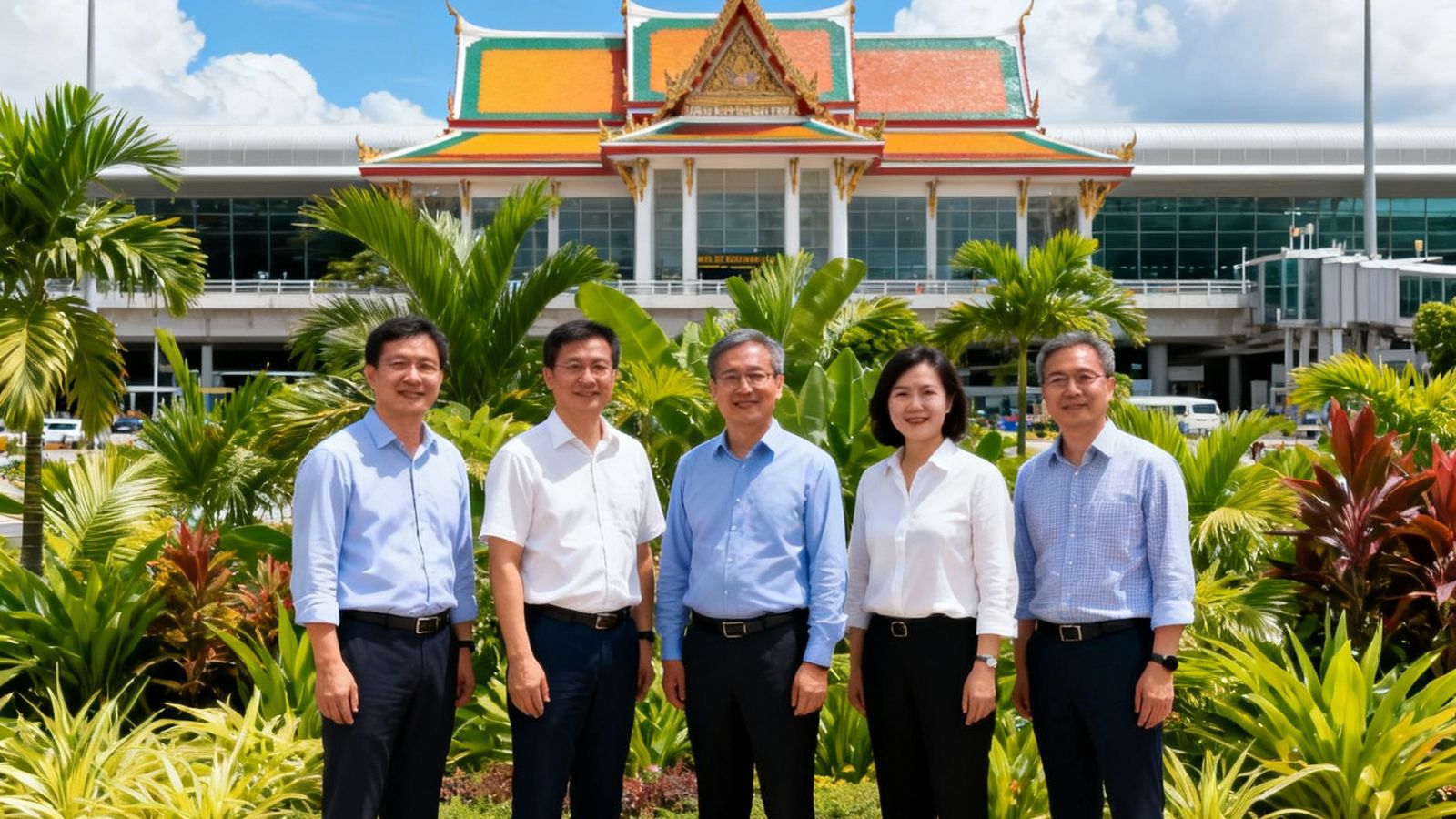 公海贵宾会考察团队在曼谷素万那普机场外的合影，五人团队身着商务休闲装站在热带植物景观前，背后是泰国特色的机场建筑和蓝天白云