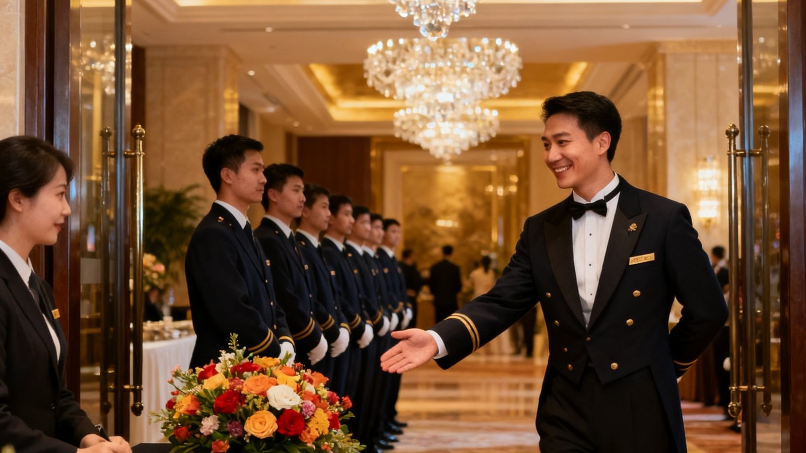 礼宾团队成员身着统一深色制服在五星级酒店宴会厅入口列队迎接，水晶吊灯光辉洒落，签到台摆放着鲜花与烫金名牌，一位管家正微笑引导嘉宾入场