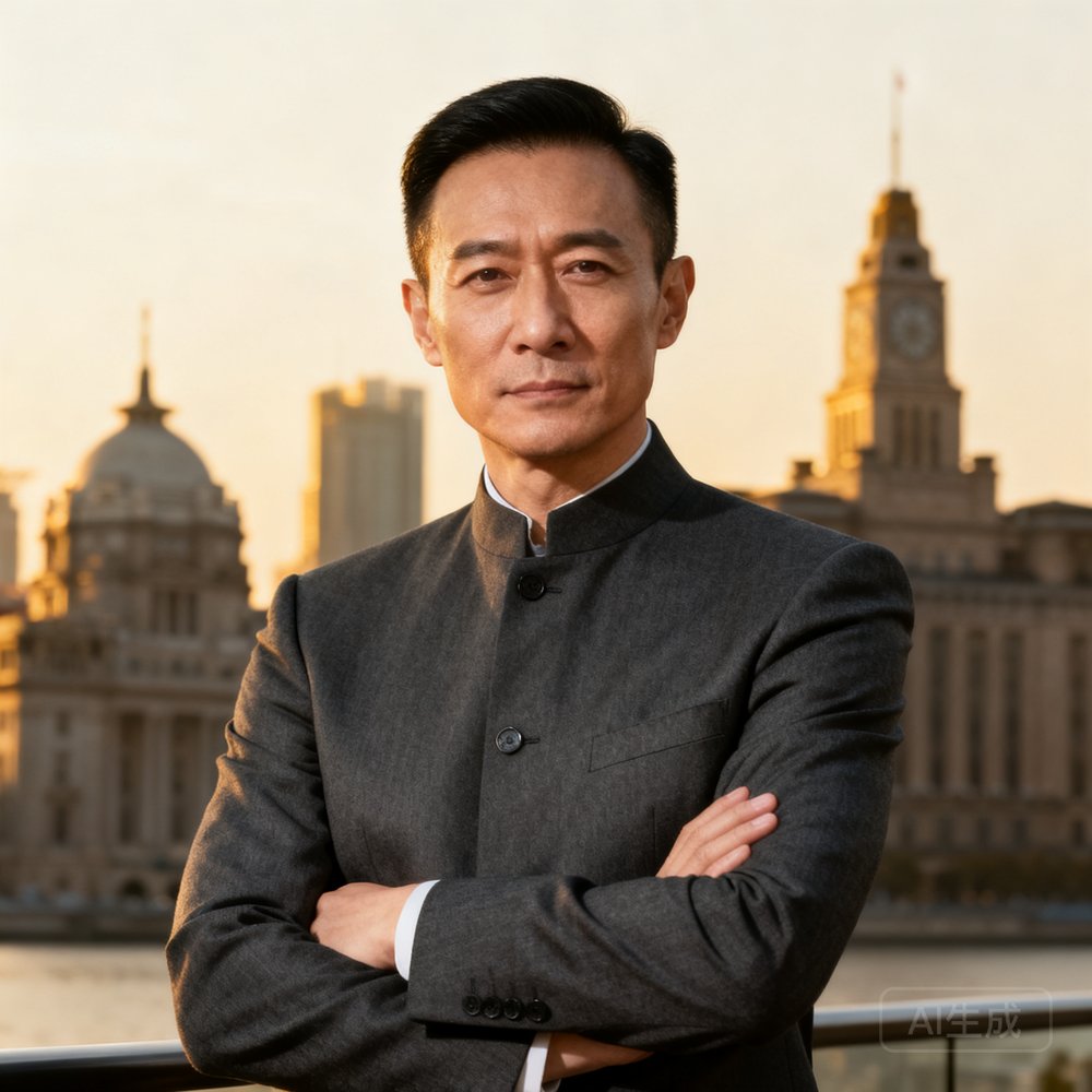 公海贵宾会创始人周启明的商务肖像照，他年约45岁面容清瘦，穿着深灰定制西装，双手交叉于胸前，背景是上海外滩的历史建筑群轮廓，表情沉稳而坚定