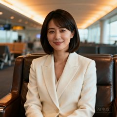 一位干练的女性商务人士肖像，她留着齐肩短发穿着米白色西装外套，背景是机场贵宾厅的皮质沙发与柔和的暖色灯光