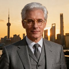 一位银发外籍商务人士的正面照，他戴着金丝眼镜穿着灰色三件套西装，背景是上海浦东的现代建筑群天际线在夕阳下的剪影